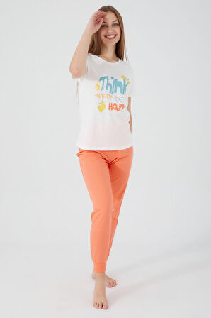 Rolypoly Think Happy Be Happy Krem Kadın Kısa Kol Pijama Takım