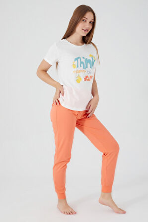 Rolypoly Think Happy Be Happy Krem Kadın Kısa Kol Pijama Takım