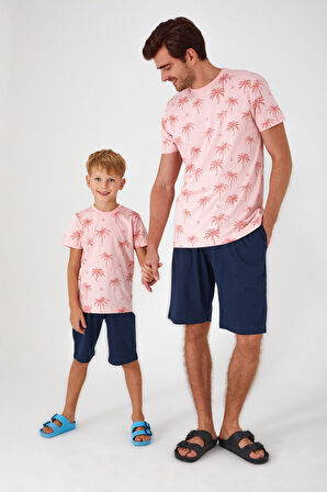 Rolypoly Palm Tree Patterned Pembe Erkek Bermuda Takım