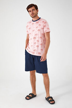 Rolypoly Palm Tree Patterned Pembe Erkek Bermuda Takım