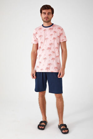 Rolypoly Palm Tree Patterned Pembe Erkek Bermuda Takım