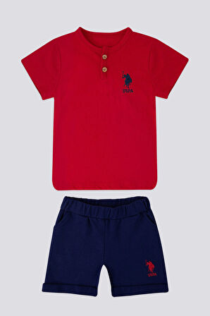With Button Motif Kırmızı Bebek Tshirt Takım