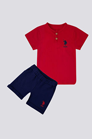 With Button Motif Kırmızı Bebek Tshirt Takım