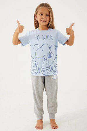 Snoopy To Walk Mavi Kız Çocuk Kısa Kol Pijama Takım