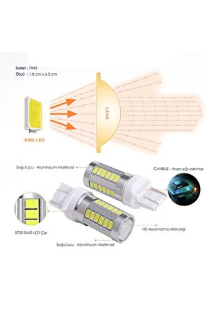 T20 W21 7443 Canbus Sinyal Sis Gündüz Farı Geri Vites Fren Ampülü