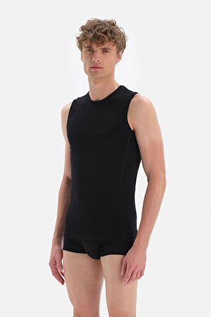 Siyah Penye Sıfır Yaka Kolsuz Erkek Fanila