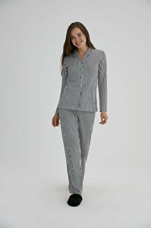 Eros Çizgili Kadın Pijama Takımı Siyah 2 Pijama Takımı