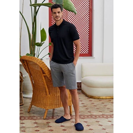 Eros 28020 Siyah Pamuklu Polo Yaka Erkek Şort Takım