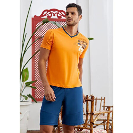 Eros 28000 Turuncu Pamuklu V Yaka Baskılı Şort Takım