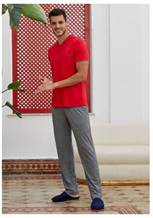 Eros 28125 Kırmızı Pamuklu V Yaka Erkek Pijama Takımı