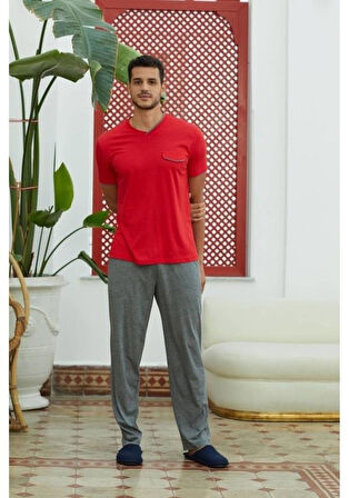 Eros 28125 Kırmızı Pamuklu V Yaka Erkek Pijama Takımı
