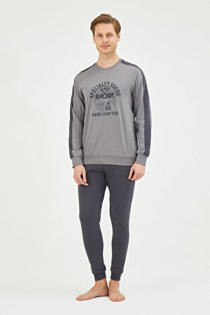 Eros 29180 Gri Pamuklu Yuvarlak Yaka Baskılı Erkek Pijama Takımı