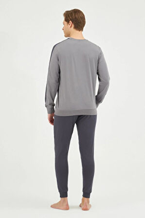 Eros 29180 Gri Pamuklu Yuvarlak Yaka Baskılı Erkek Pijama Takımı