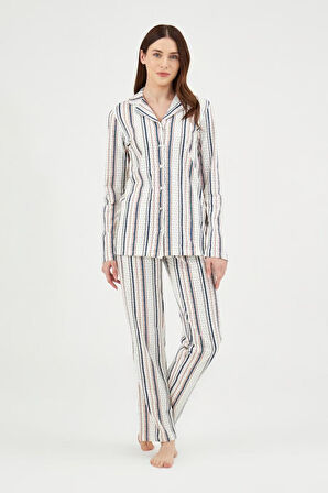 Eros 29510 Ekru Pamuklu Çizgi Desenli Kadın Pijama Takımı 