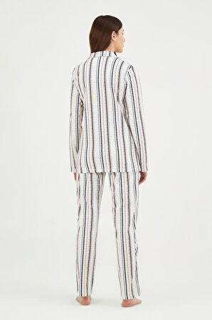 Eros 29510 Ekru Pamuklu Çizgi Desenli Kadın Pijama Takımı 