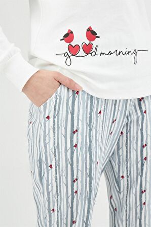 Eros ESK29582 İnt. Kuş Desenli O Patlı Uk. Pijama Takımı Ekru ESK0221K0032