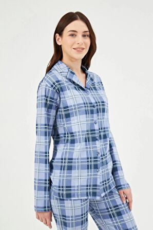Eros 29630 Mavi Pamuklu Ekose Önden Düğmeli Kadın Pijama Takımı 