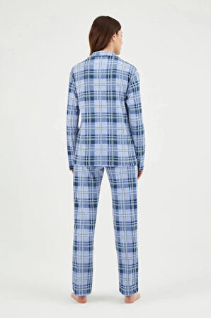 Eros 29630 Mavi Pamuklu Ekose Önden Düğmeli Kadın Pijama Takımı 