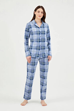 Eros 29630 Mavi Pamuklu Ekose Önden Düğmeli Kadın Pijama Takımı 