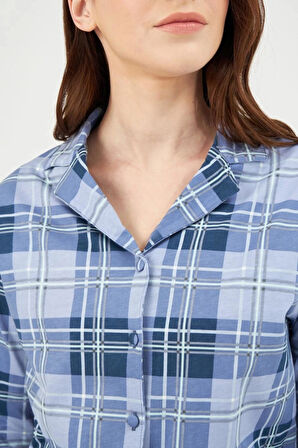 Eros 29630 Mavi Pamuklu Ekose Önden Düğmeli Kadın Pijama Takımı 