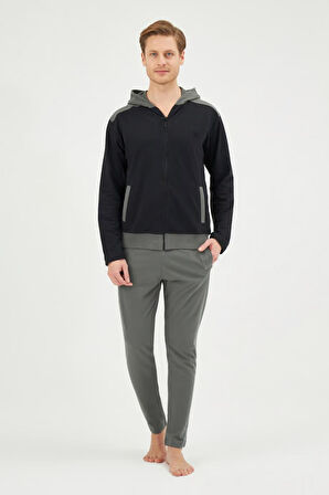 Eros 29280 Siyah Pamuklu Fermuarlı Kapşonlu Erkek Eşofman Takımı 