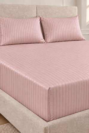Varol %100 Pamuk Saten Stripe Battal Boy (King Size) Lastikli Çarşaf Takımı – 30 cm – 2 Yastık Kılıfı – 180x200 - PUDRA
