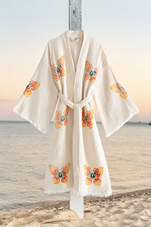 Varol Organik %100 Pamuk Kimono Yaka Sabalık Bornoz Plaj Elbisesi - Kelebek - L/XL
