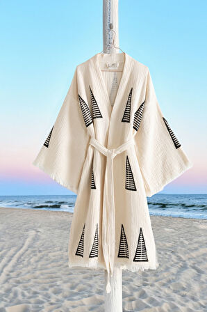 Varol Organik %100 Pamuk Kimono Yaka Sabalık Bornoz Plaj Elbisesi - Piramit - L/XL