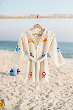 Varol %100 Organik, El İşçiliği Taş Baskı Çocuk Bornozu - Trafik