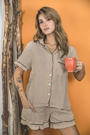 Varol %100 Pamuk Müslin Kadın Şortlu Pijama & Ev Giyim Takımı – Bej