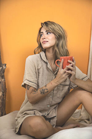 Varol %100 Pamuk Müslin Kadın Şortlu Pijama & Ev Giyim Takımı – Bej