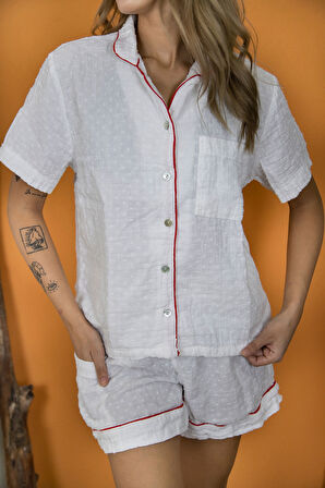 Varol %100 Pamuk Müslin Kadın Şortlu Pijama & Ev Giyim Takımı – Beyaz
