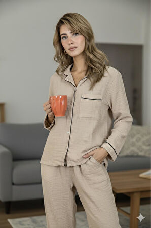 Varol %100 Pamuk Müslin Kadın Pijama Takımı - BEJ