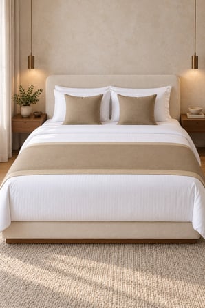 Varol 70x250 Yatak Şalı (Runner) ve 2 Adet 45x45 Kırlent Seti – Otel Konsept Lüx Dekoratif Set - BEJ