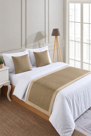 Varol 70x250 Yatak Şalı (Runner) ve 2 Adet 45x45 Kırlent Seti – Otel Konsept Lüx Dekoratif Set - BEJ