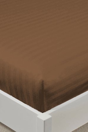 Varol %100 Pamuk Saten Stripe Çift Kişilik Lastikli Çarşaf Takımı – 30 cm – 2 Yastık Kılıfı - KAHVE