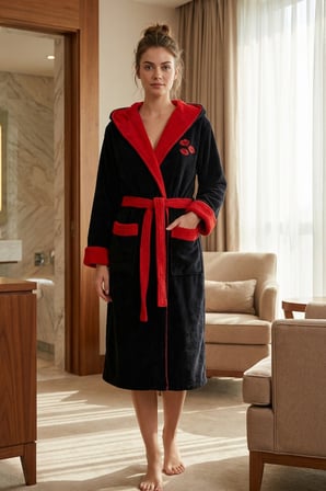 Varol Luxury Touch Kapşonlu %100 Pamuk Nakışlı Bornoz – Kiss - SİYAH-KIRMIZI - L/XL