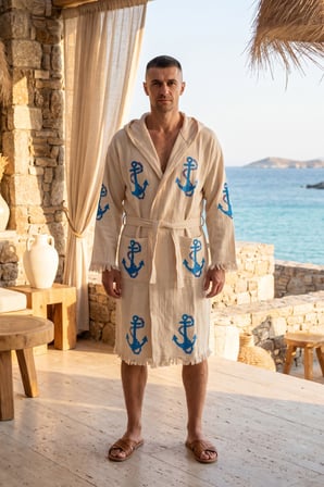 Varol Organik %100 Pamuk Kapşonlu Sabahlık Bornoz Plaj Elbisesi - Çapa - L/XL