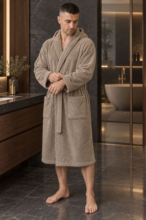 Varol Unisex %100 Pamuk Kapüşonlu Bukle Havlu Bornoz – Diz Altı - KAHVE - S/M