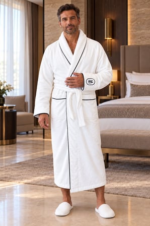 Varol Elegant Monogram Beyaz Erkek Bornoz – Yüksek Gramajlı, Uzun Kesim, Şal Yaka - M