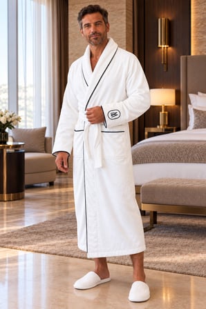 Varol Elegant Monogram Beyaz Erkek Bornoz – Yüksek Gramajlı, Uzun Kesim, Şal Yaka - XL