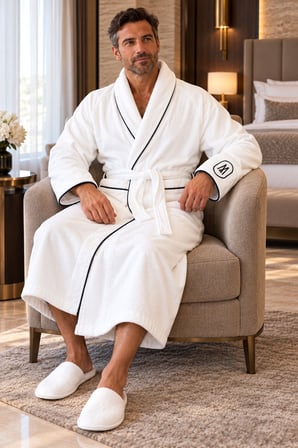 Varol Elegant Monogram Beyaz Erkek Bornoz – Yüksek Gramajlı, Uzun Kesim, Şal Yaka - XL