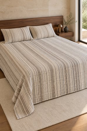 Varol Line Çizgili Çift Kişilik Yatak Örtüsü Takımı 240×260 cm – 2 Yastık Kılıflı - BEJ