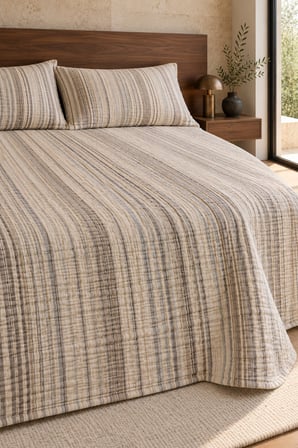Varol Line Çizgili Çift Kişilik Yatak Örtüsü Takımı 240×260 cm – 2 Yastık Kılıflı - BEJ