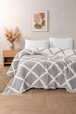 VAROL Liora 7 Katlı Müslin Yatak Örtüsü Çift Kişilik Geometrik Desenli 230x250 cm - GRİ