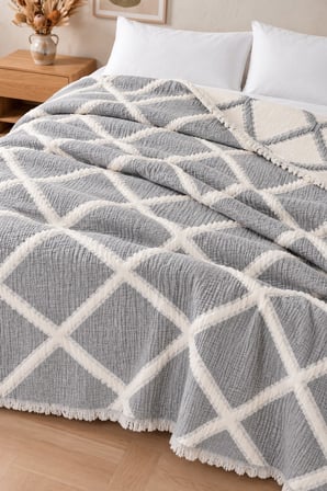 VAROL Liora 7 Katlı Müslin Yatak Örtüsü Çift Kişilik Geometrik Desenli 230x250 cm - GRİ