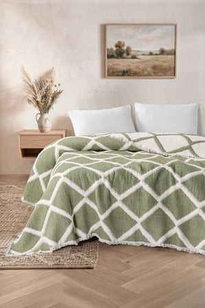 VAROL Liora 7 Katlı Müslin Yatak Örtüsü Çift Kişilik Geometrik Desenli 230x250 cm - YEŞİL