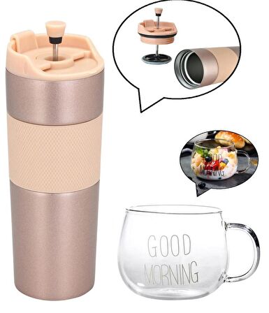 Kapris Rose Gold French Press Termos 450 ml Good Morning Kupa 400ml Hediye Seti