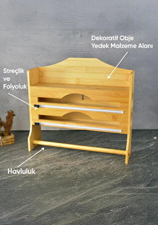 Duvara Asılabilir Folyoluk - Streçlik - Kağıt Havluluk Seti - 4in1 - Bambu - 31 CM