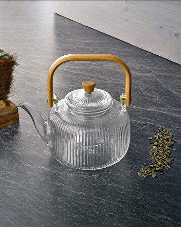 Bambu Saplı Cam Demlik - Cam Çaydanlık - 1 Litre